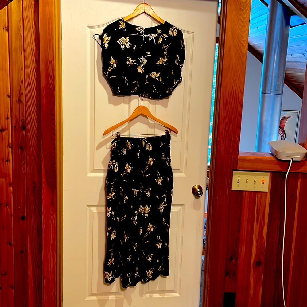 Free People Blouse and Pant - black with white and tan flowers